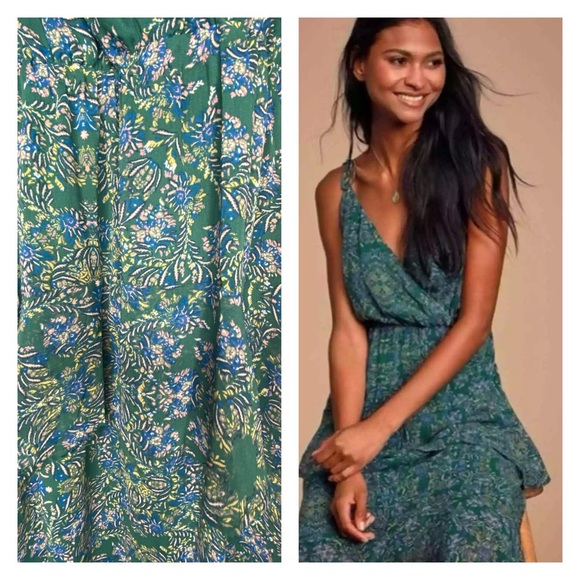 LULUS NWT Sleeveless Green Floral Tiered Ruffle Midi Dress, Size Medium - Picture 2 of 8